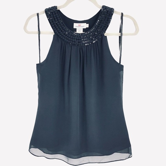 Vineyard Vines Womens Size 0 100% Silk Blouse Sleeveless Embellished Halter - Picture 7 of 7